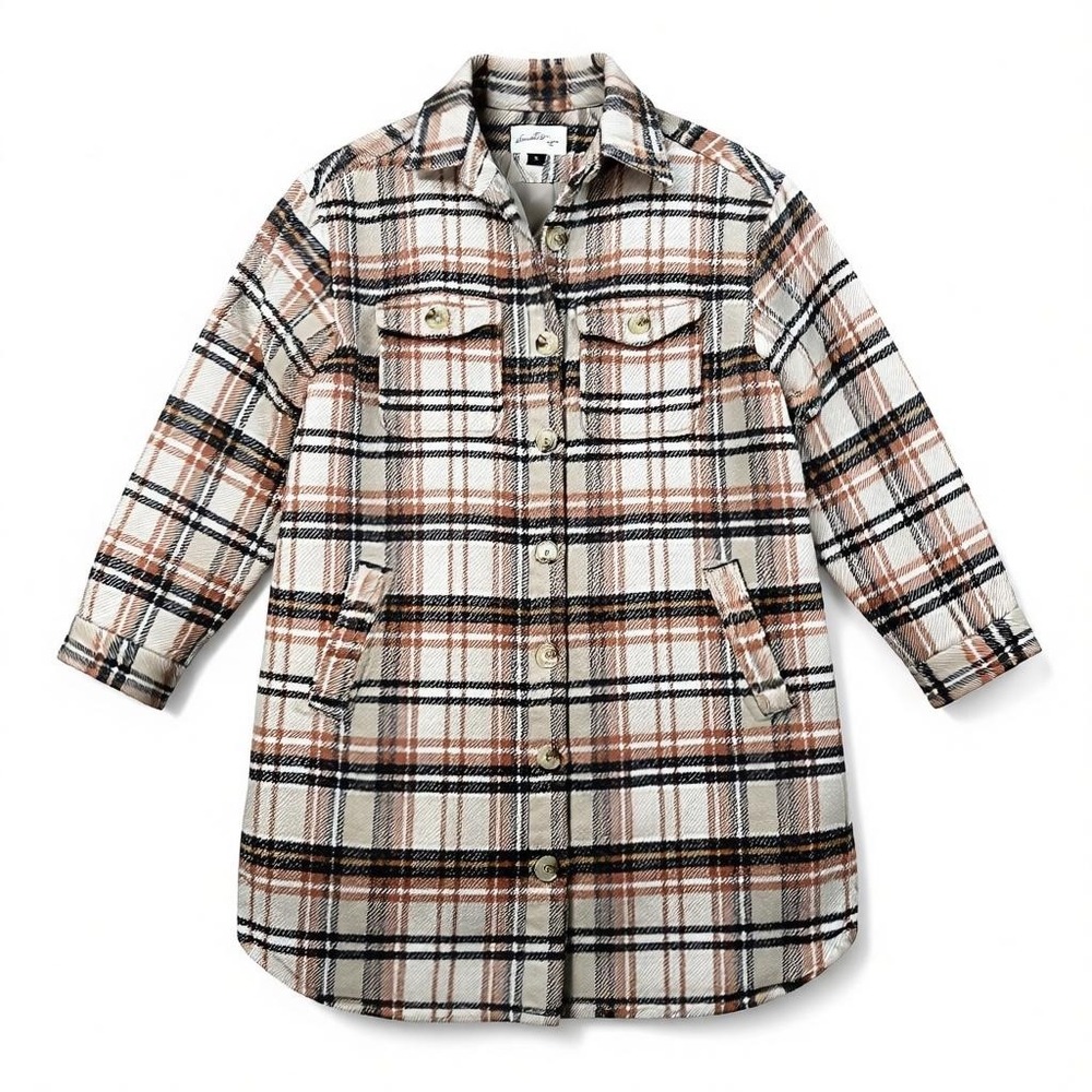 Universal Thread Plaid Quilted Shacket Jacket Oversized Button Up Beige XS Shirt